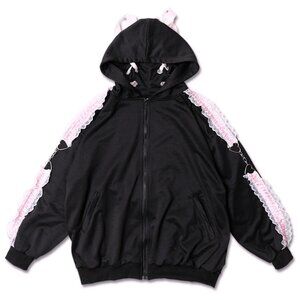 NEW ACDC RAG - Love Punk Lace & Ribbon Black Pink Oversized Zip Up Hoodie
